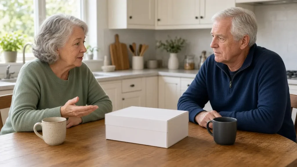 An older couple sits at a kitchen table talking, with a plain white box between them.