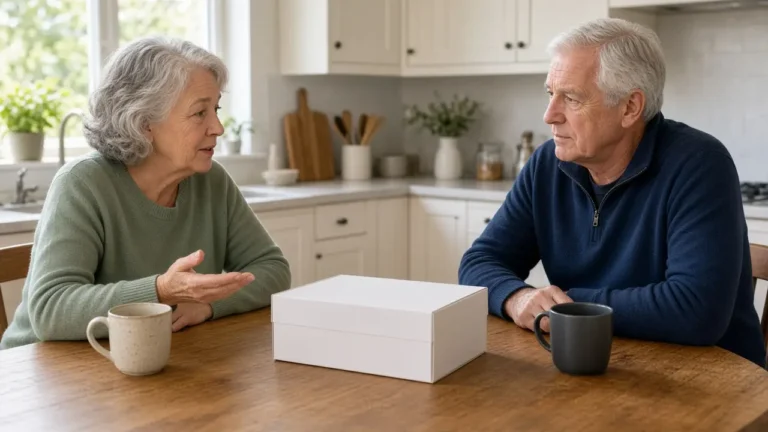 An older couple sits at a kitchen table talking, with a plain white box between them.