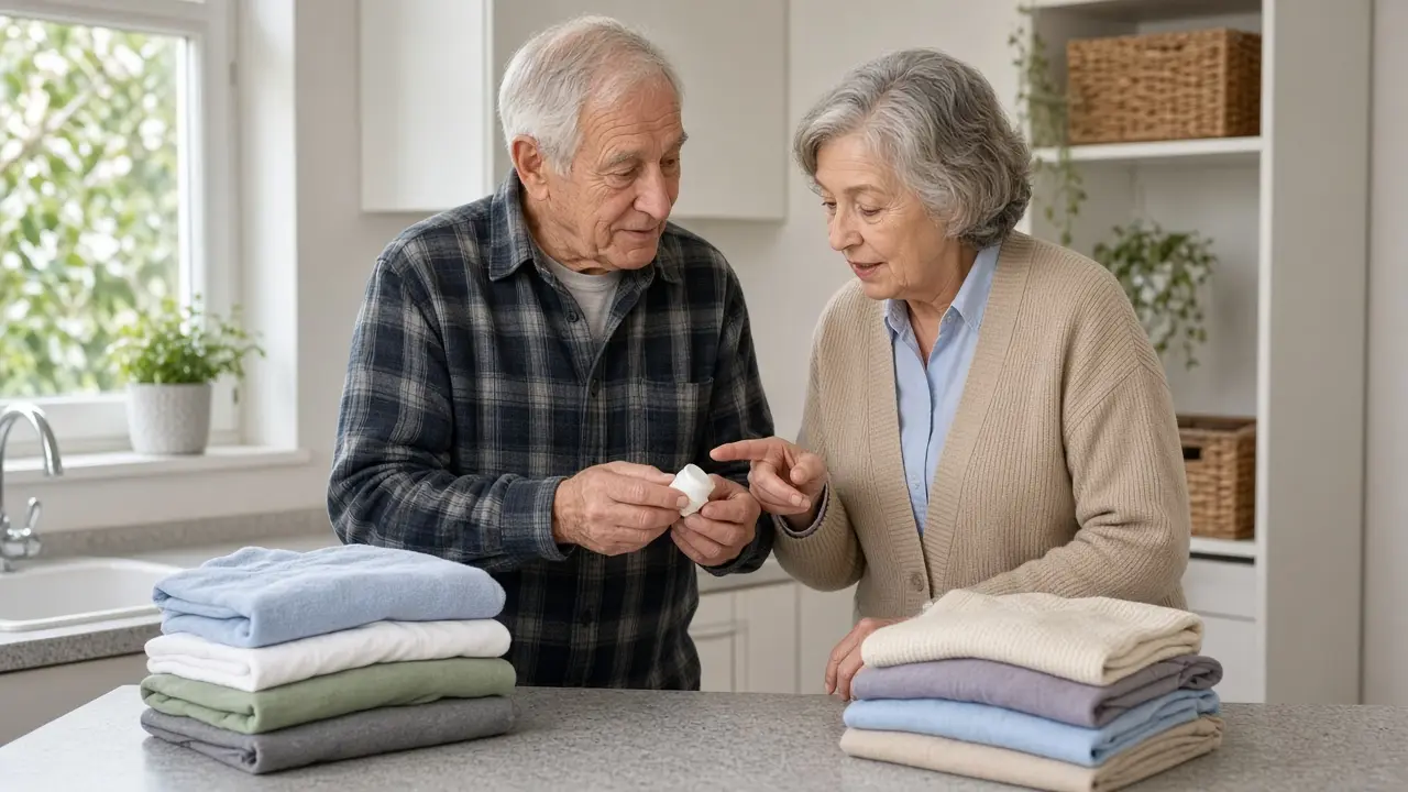 A couple folding laundry and talking about one supply