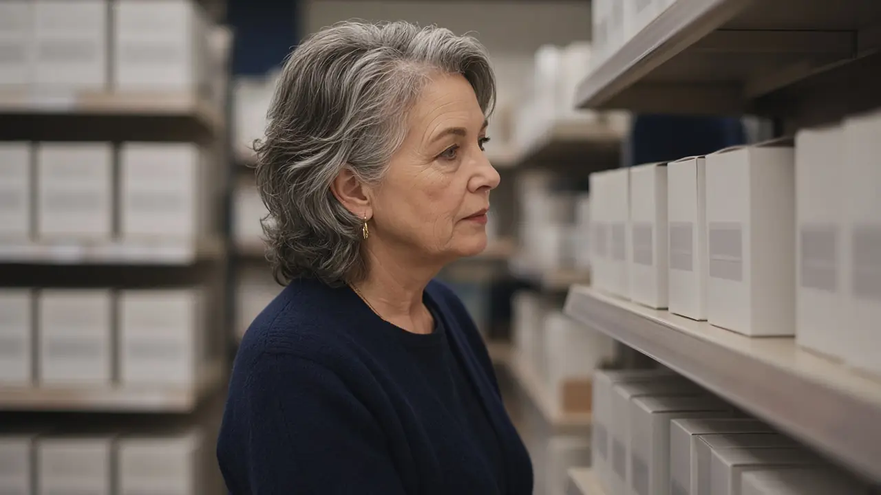 A woman looking at shelves of plain boxes