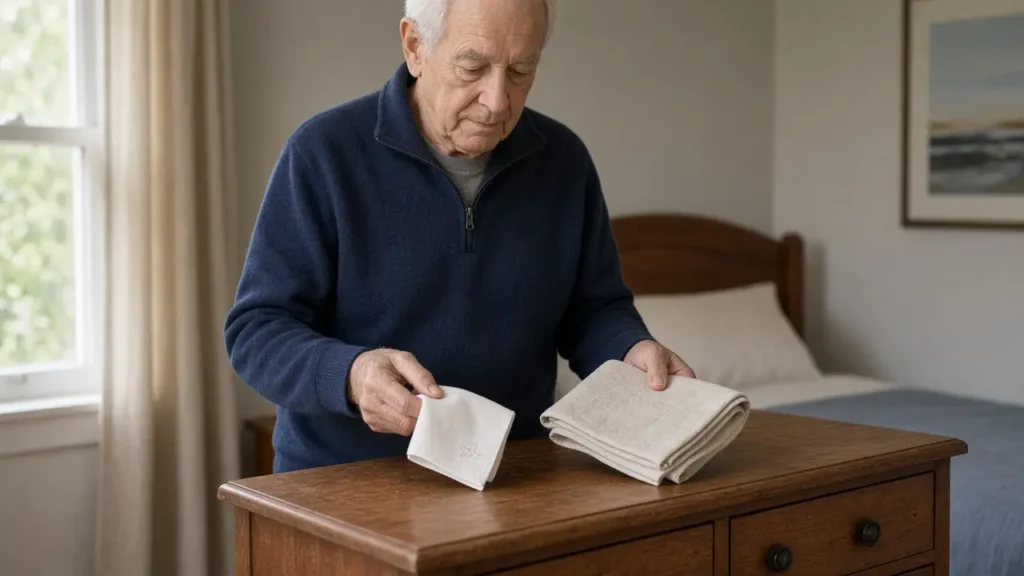 An older man compares a small folded white cloth with a larger folded beige cloth on a dresser.