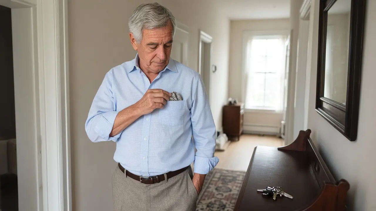 A man slipping a handkerchief into his shirt pocket
