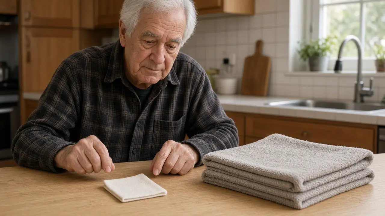 A man comparing a tiny cloth and a large towel