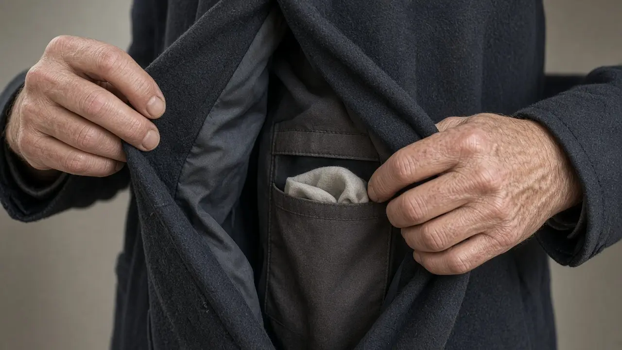 Hands showing a cloth in an inside jacket pocket