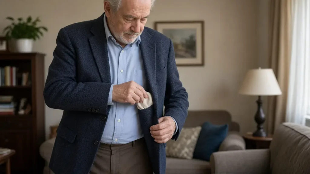 An older man in a blue blazer tucks a folded beige cloth into his jacket pocket.