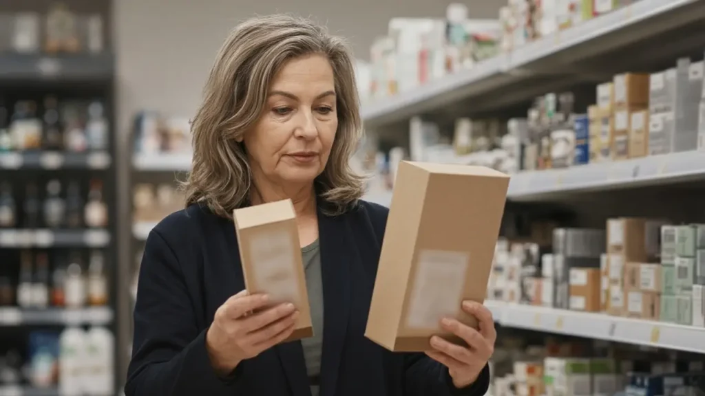 A woman around fifty in a store aisle compares a small plain cardboard box with a taller plain box.