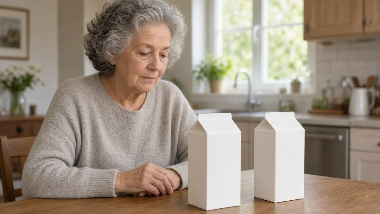 A woman with two plain cartons on the kitchen table