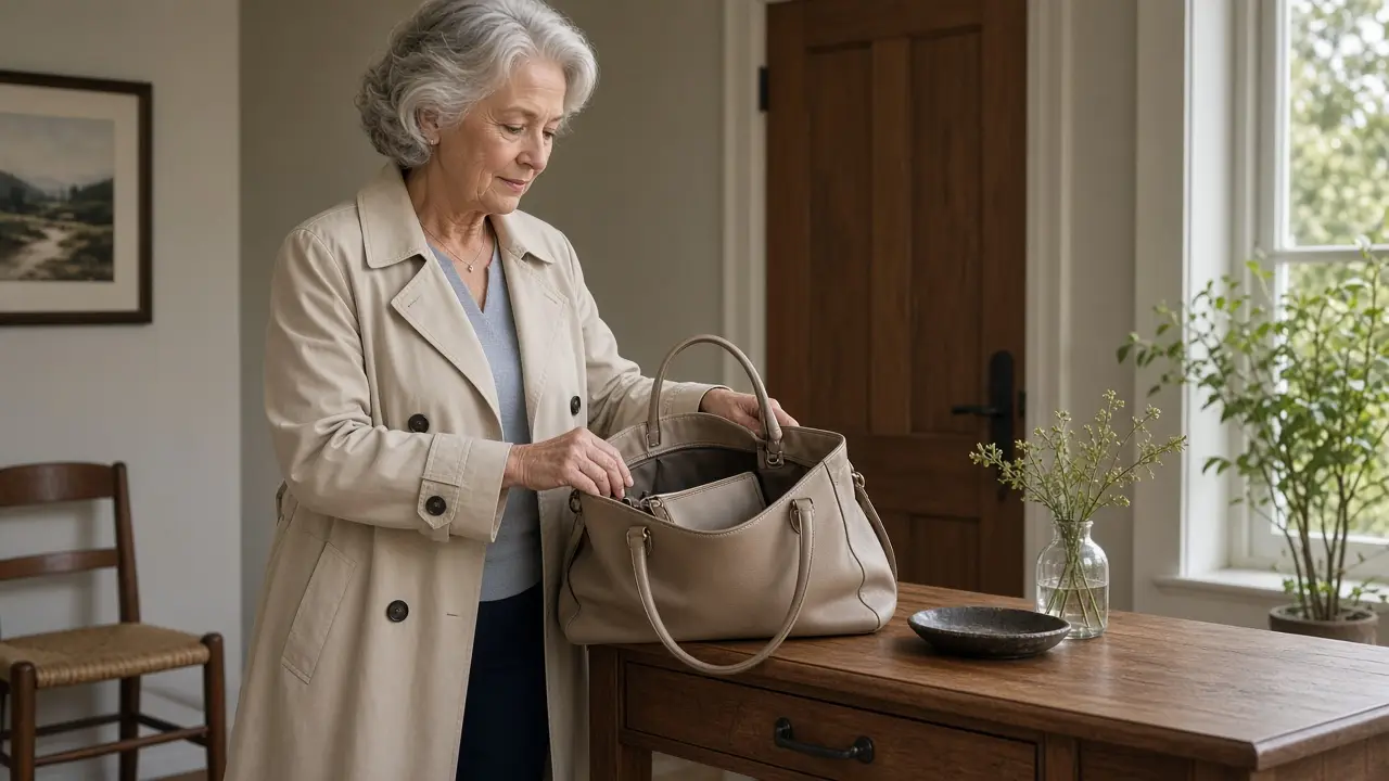 A woman putting a slim pouch in her handbag