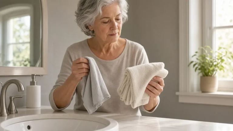 An older woman at a bathroom sink compares a thin gray cloth with a thicker folded white cloth.