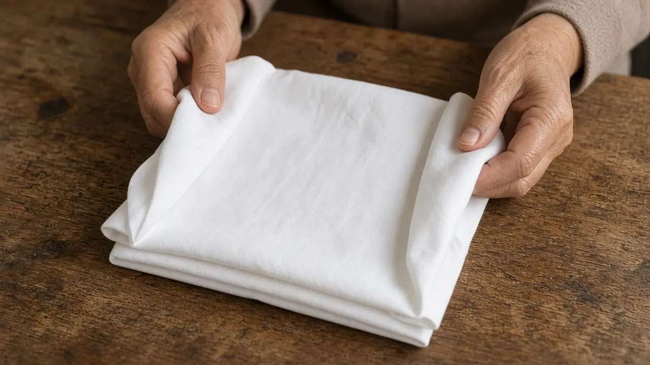 Hands folding the side flaps of a plain cloth