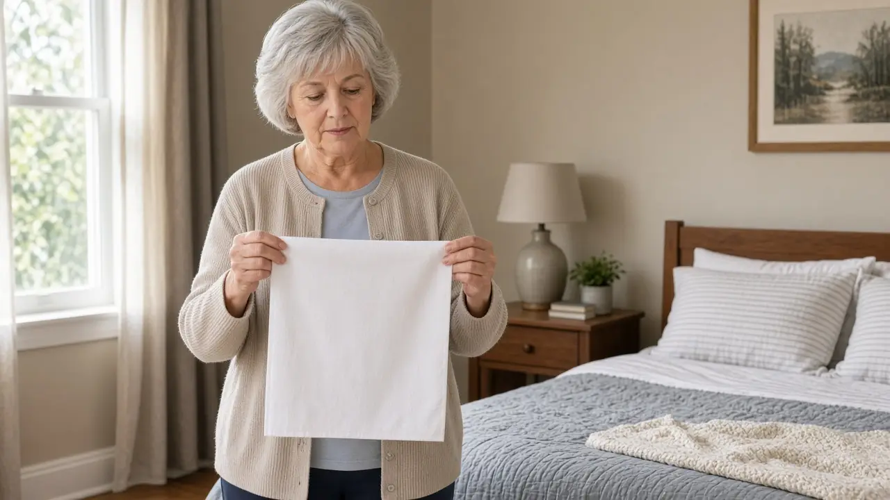 A woman holding a simple rectangular cloth