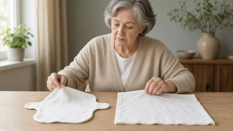 An older woman at a table touches a shaped white pad and a plain rectangular white cloth.