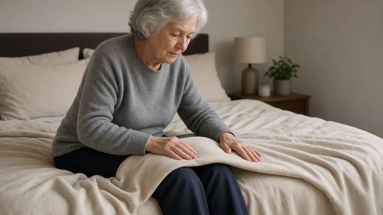 A woman smoothing a cloth while sitting on the bed
