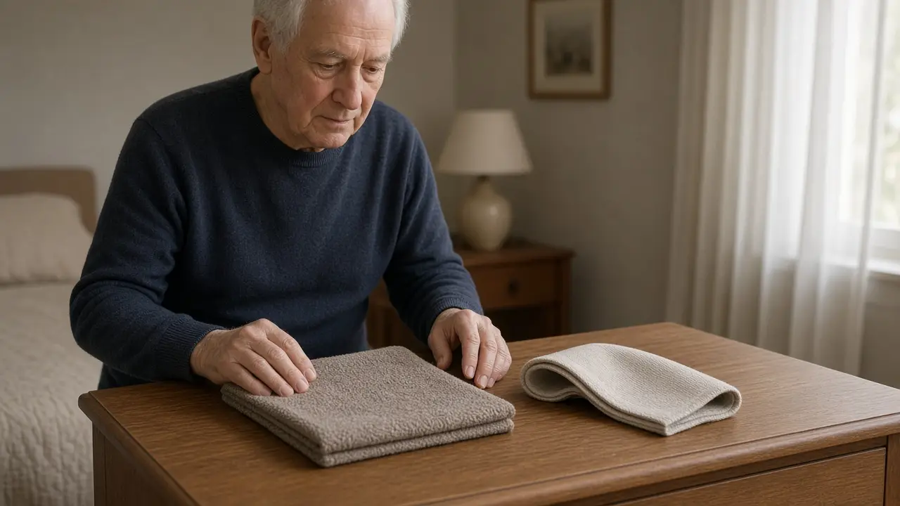 A man comparing a folded rectangle and a curved cloth