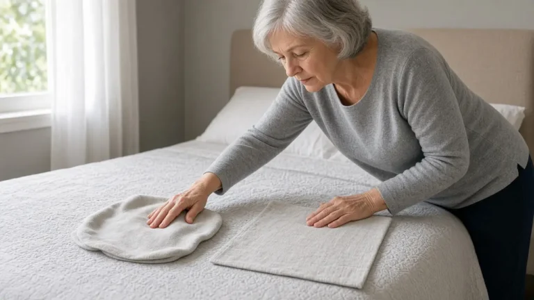 An older woman compares a rounded white cloth and a rectangular gray cloth laid side by side on a bed.
