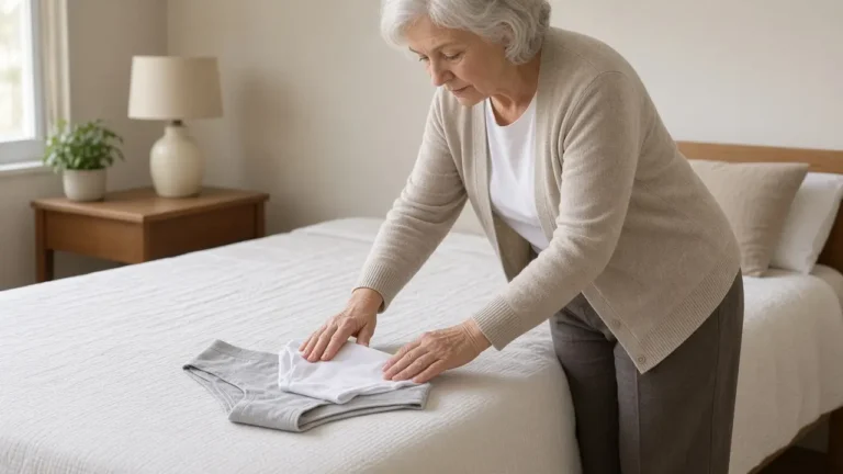 An older woman lays a folded white cloth on top of gray underwear on a bed.
