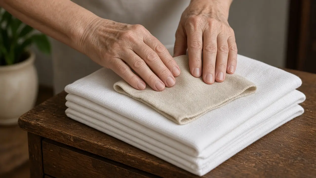 Hands pressing a small cloth onto folded fabric