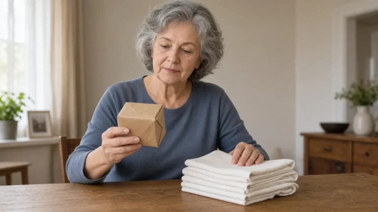 An older woman at a table holds a small paper-wrapped packet next to a stack of folded white cloths.