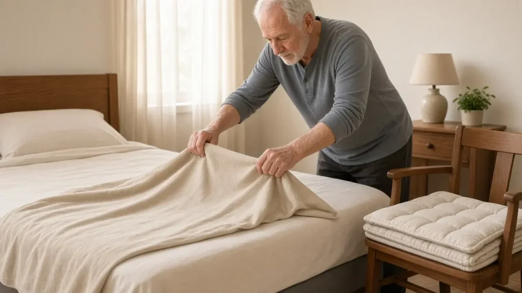 An older man spreads a beige cloth across a made bed, with folded cushions stacked on a nearby chair.