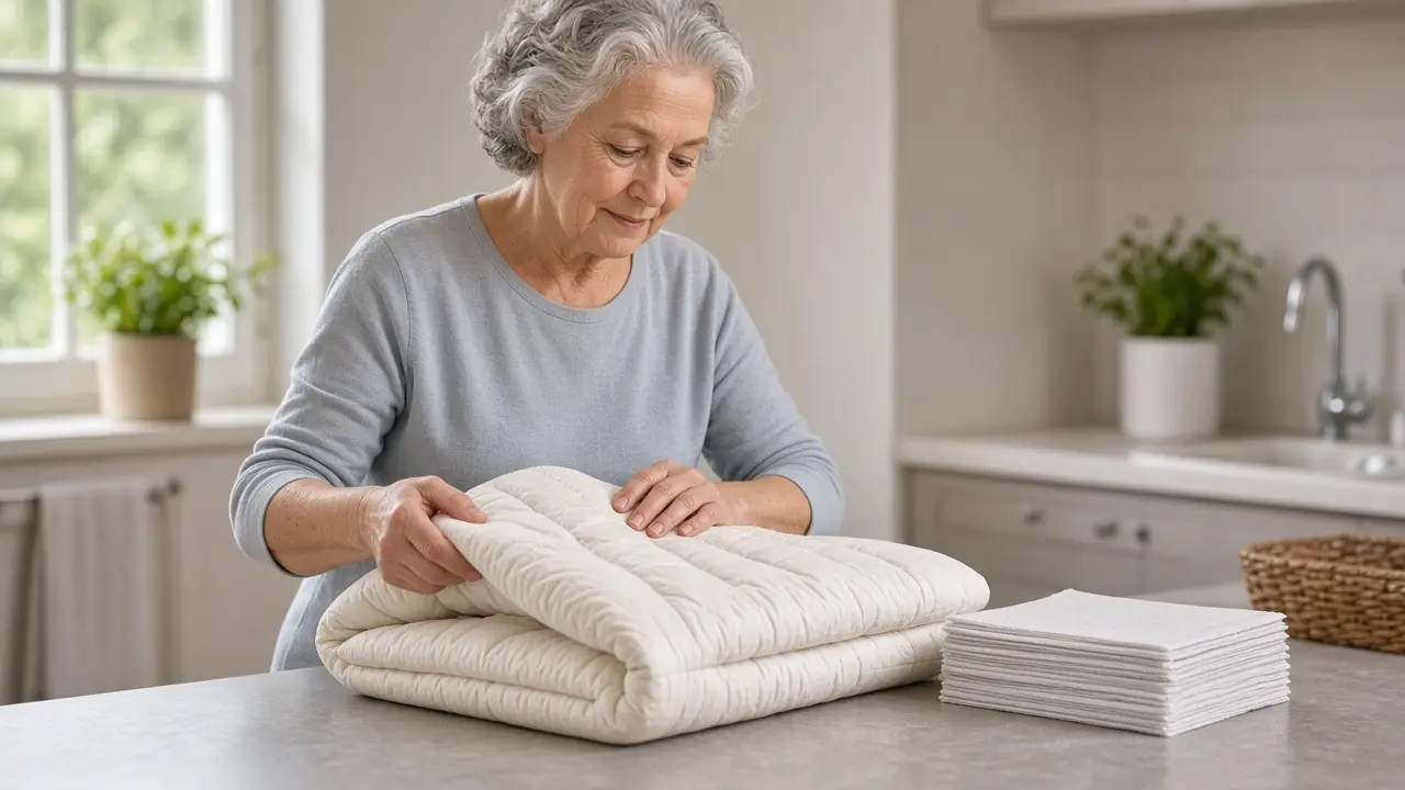 A woman folding a washable bed pad