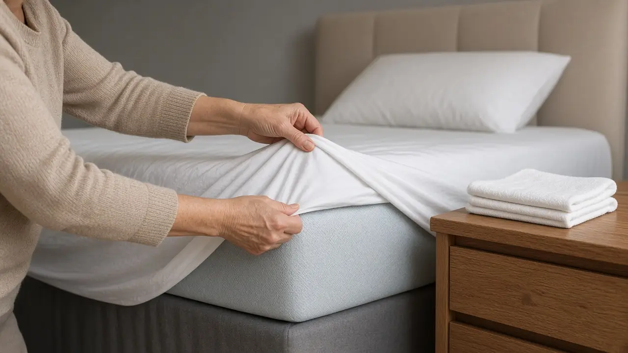Hands tucking a fitted sheet, cloths on the nightstand