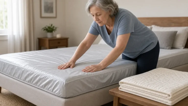 An older woman smooths a shiny gray fitted cover over a mattress, with folded quilted pads on a bench beside the bed.