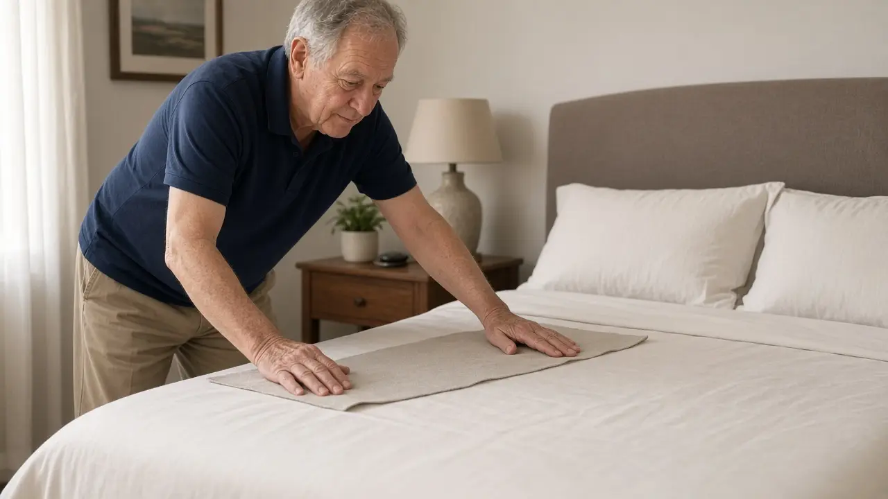 A man laying a cloth pad on a made bed