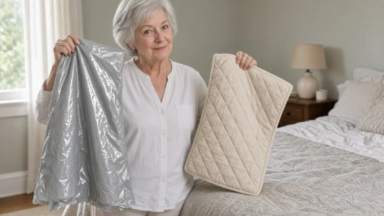 An older woman in a bedroom holds a shiny gray plastic sheet in one hand and a quilted beige pad in the other.