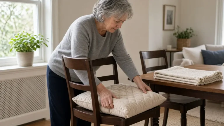 An older woman sets a quilted cream cushion onto a wooden dining chair.