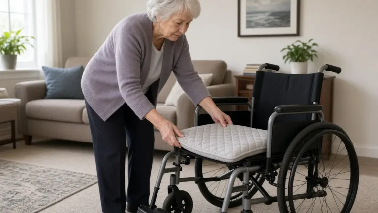 An older woman places a quilted gray cushion on the seat of a wheelchair in a living room.