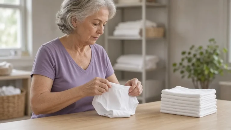 An older woman in a purple shirt holds up white underwear beside a stack of folded white cloths.