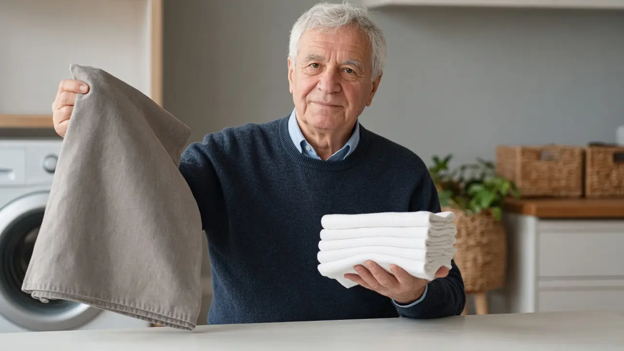 A man holding a fabric cover and a stack of inserts