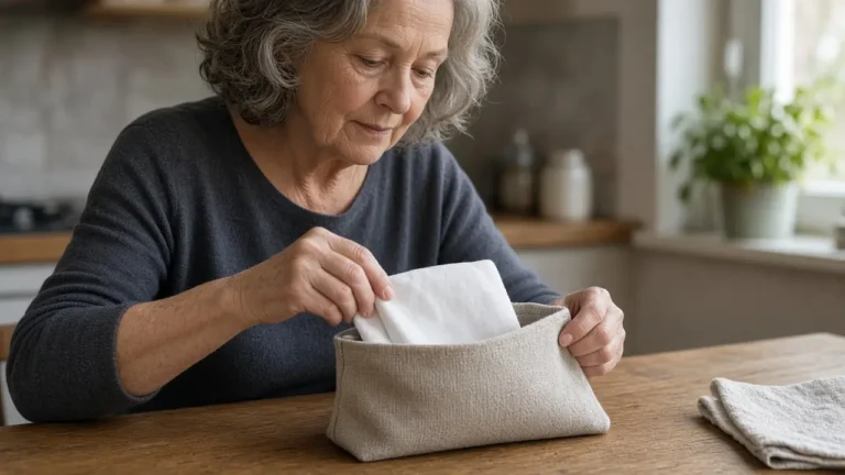 An older woman at a kitchen table slides a folded white cloth into a beige zip pouch.