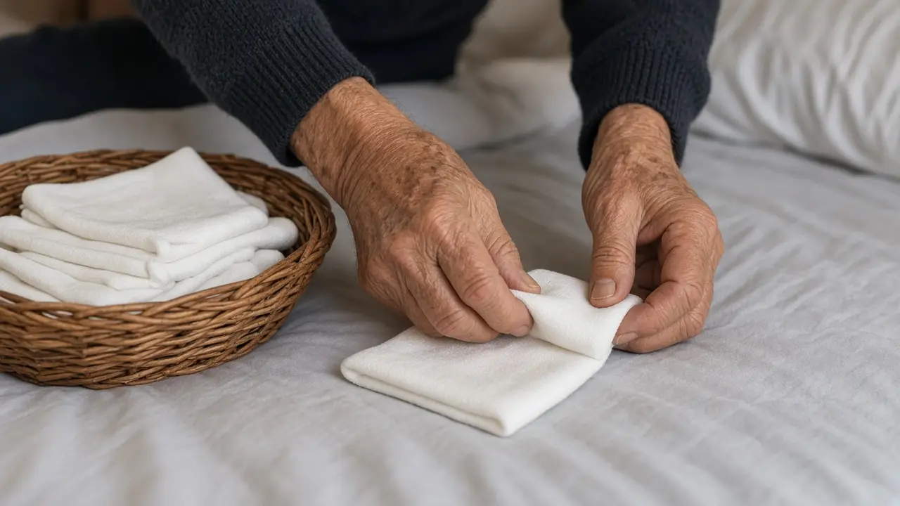 Hands folding a small cloth insert