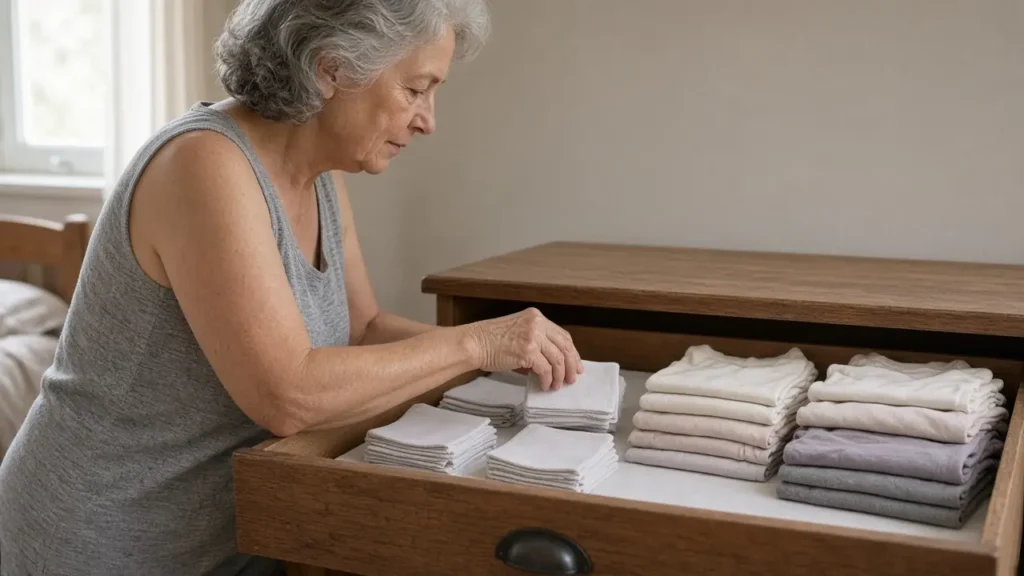 An older woman in a gray sleeveless top arranges folded cloths in an open wooden dresser drawer.