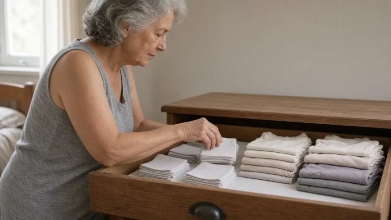 An older woman in a gray sleeveless top arranges folded cloths in an open wooden dresser drawer.