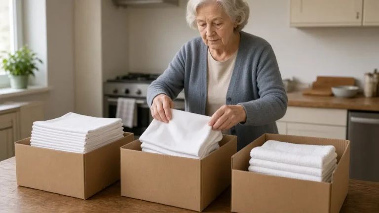 An older woman in a kitchen sorts stacks of folded white cloths into three open cardboard boxes.