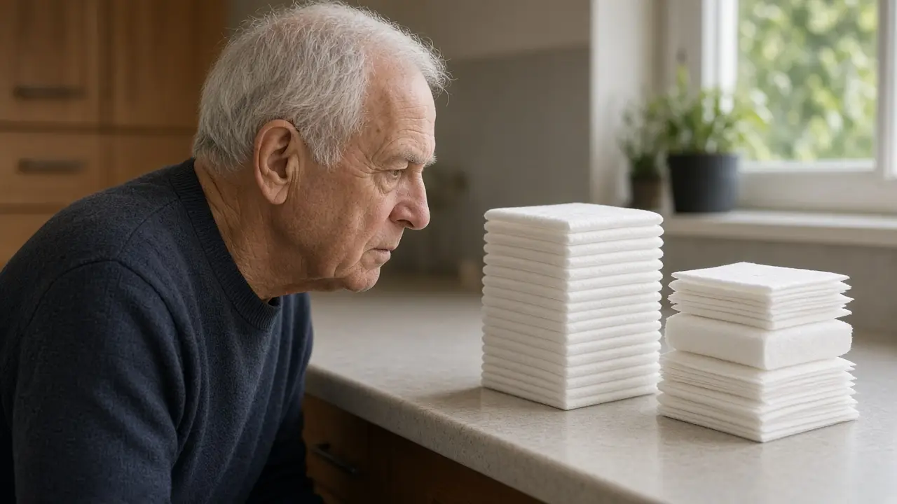 A man looking at a tall stack and a mixed stack of pads