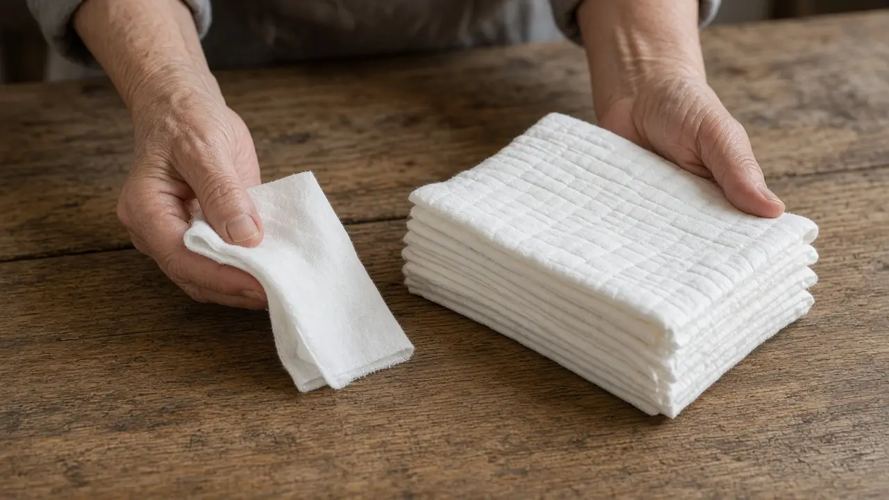Hands comparing a thin cloth and a thicker stack