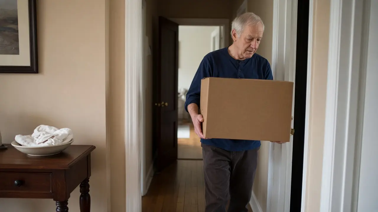 A man carrying a plain cardboard box
