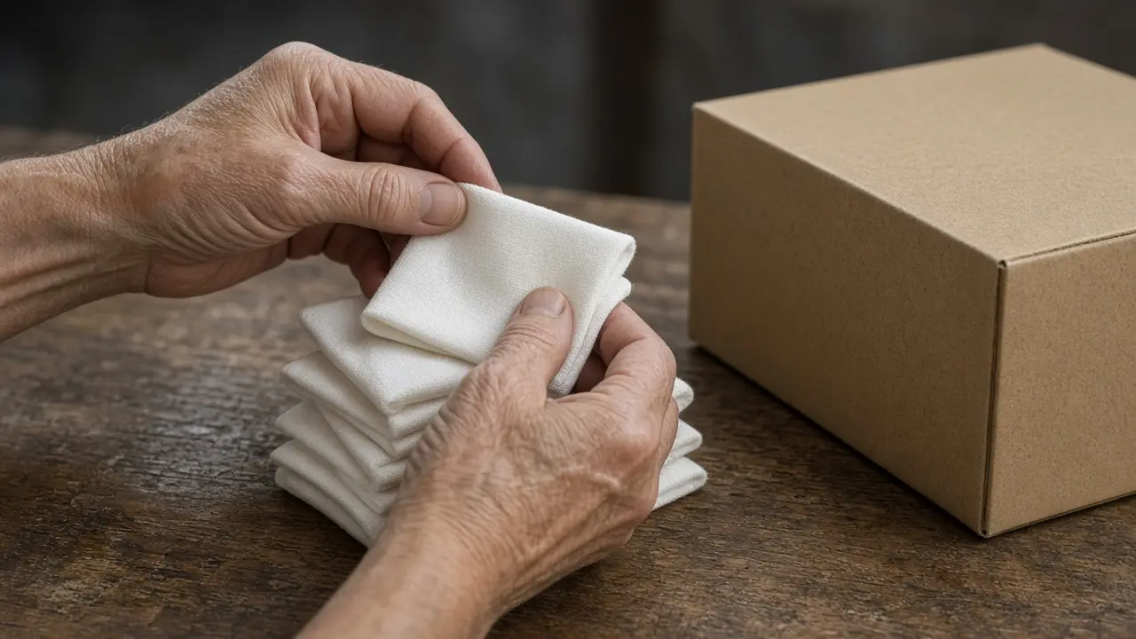 Hands counting small cloths beside a sealed box