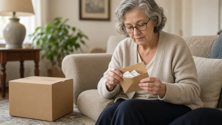 An older woman with glasses sits on a sofa looking inside a small open envelope, with a plain cardboard box on the floor.