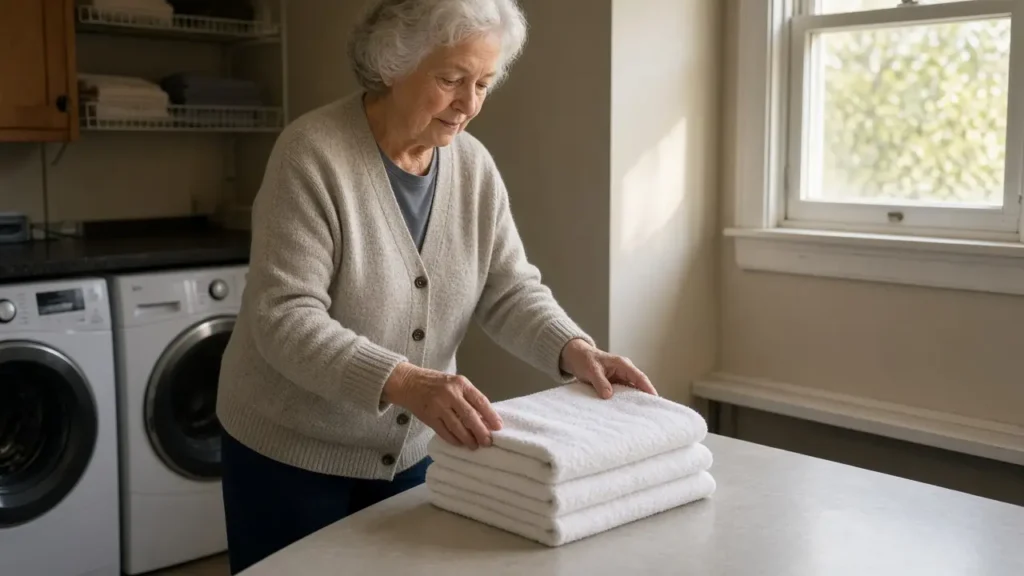 A woman about 72 folds towels on a laundry table.