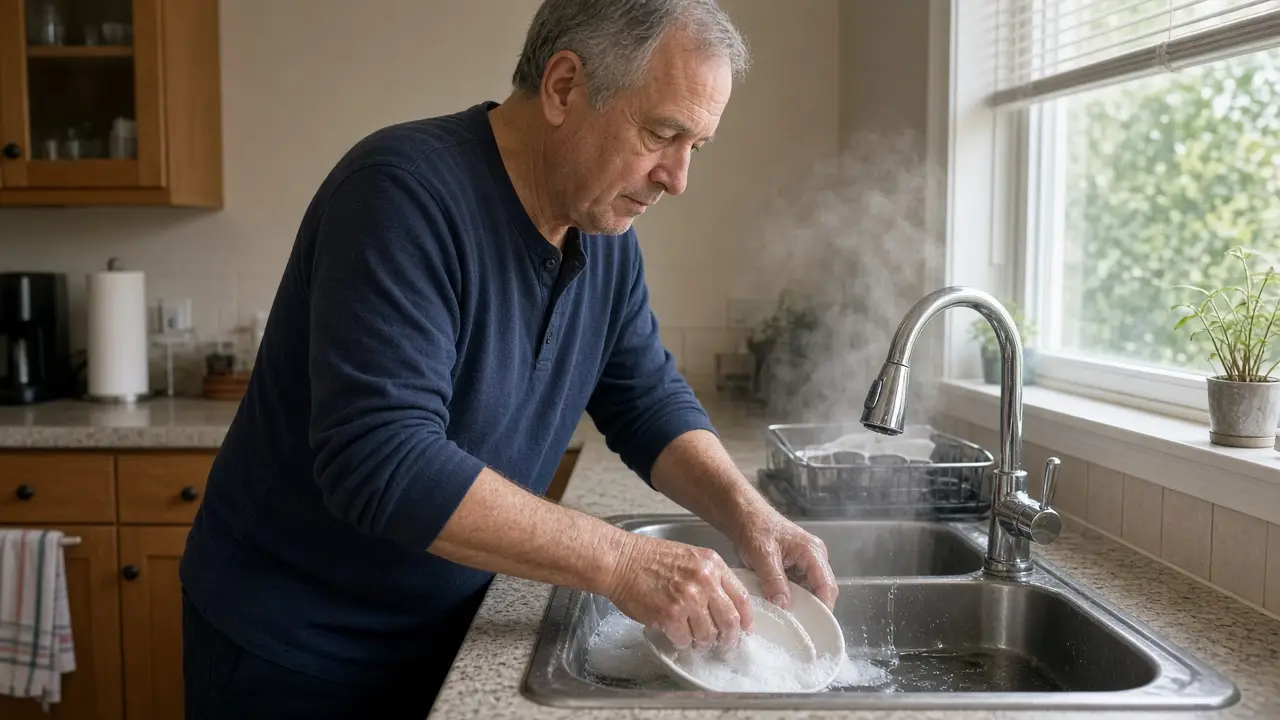 A man about 64 washes dishes at a kitchen sink.