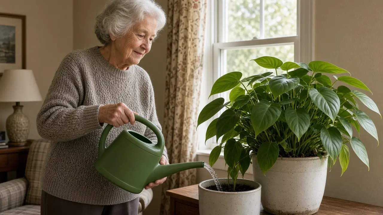 A woman about 80 waters a houseplant by a window.