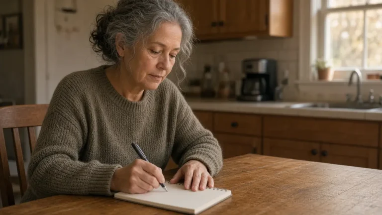 A woman about 61 writes a short list at a kitchen table.