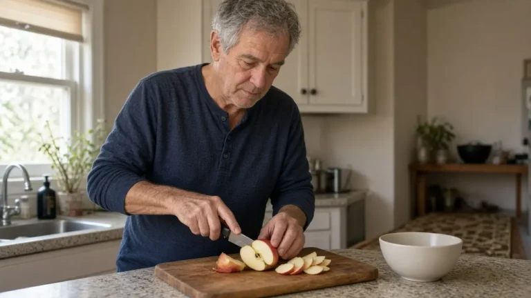A man in his early sixties stands at a kitchen counter slicing an apple beside a plain ceramic bowl.