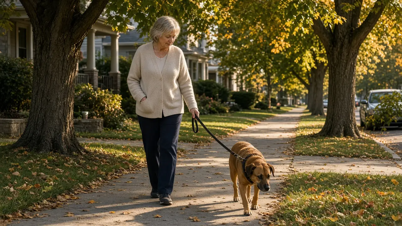 A woman in her late sixties walks a medium-sized dog along a quiet residential sidewalk.