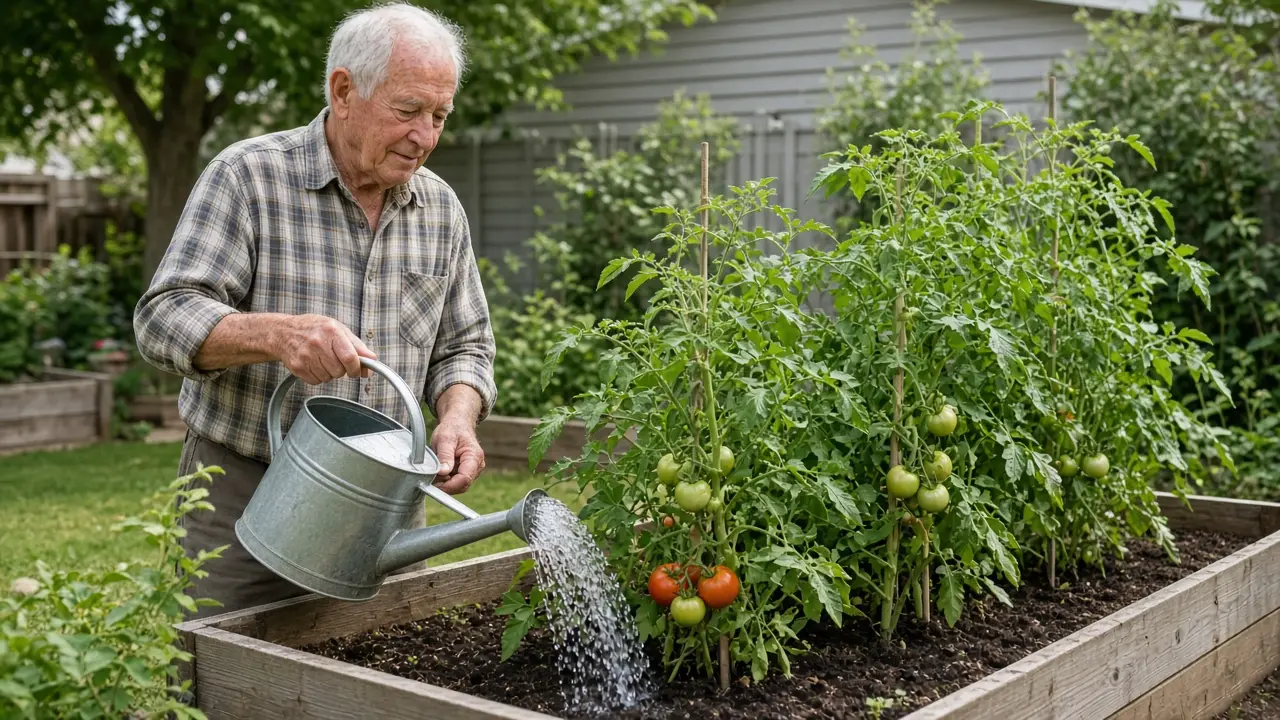 A man about seventy waters tomato plants in raised beds in a backyard garden.