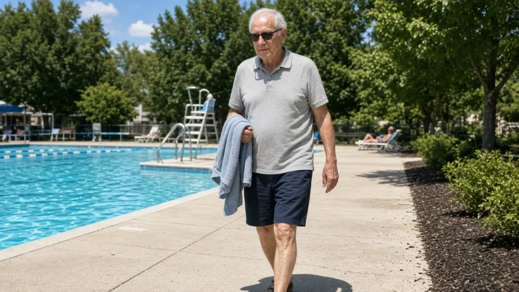 A man about 70 walks a community pool deck with a plain towel.